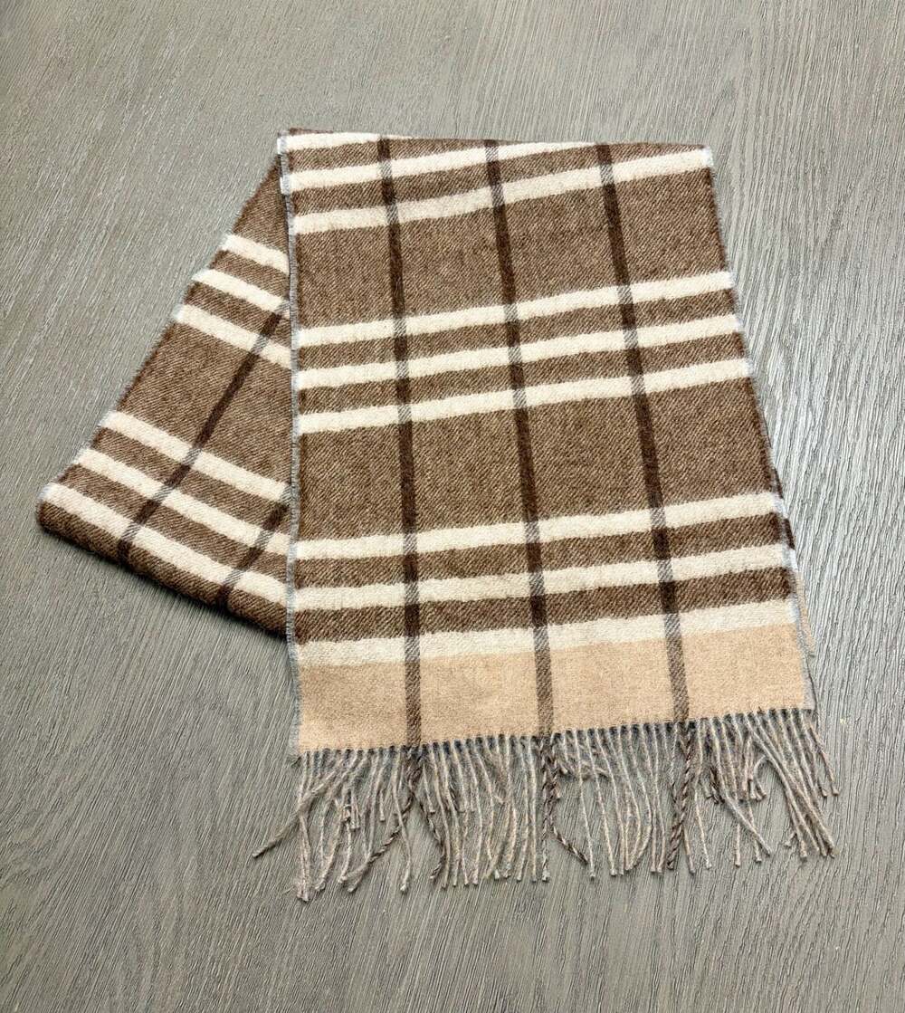 KUNA 100% Baby Alpaca Plaid Scarf Brown Cream Gray NWT Made in Peru